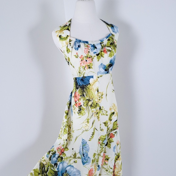 70's A-Line Floral Dress Hawaiian Square Neck Halter Cap Sleeves Full Circle - Picture 2 of 16
